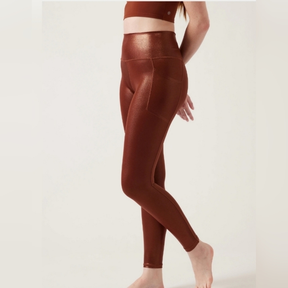 NWT Athleta Small Salutation Stash Shine Tight in Mahogany Foil.